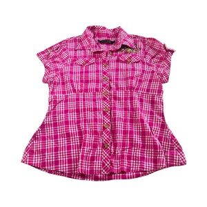 COOGI Women's 1X Pink Plaid Button Down Western Blouse Rhinestone‎ Bling